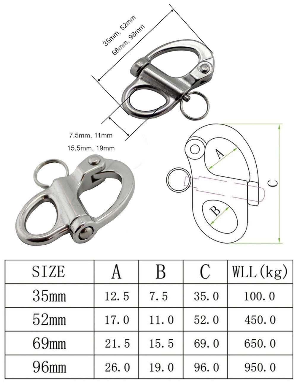 (Exclusive) 1Pack Snap Shackle Quick Release Bail Rigging Sailing Boat Marine Part Depot Stainless Steel Swivel Eye Snap Shackle