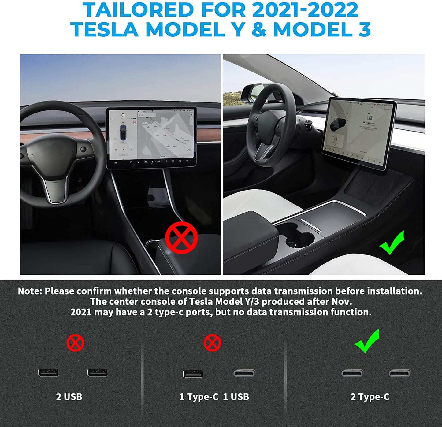 2021-2022 Tesla Model Y 3 Accessories Docking Station 4 in 1 USB LED Hub